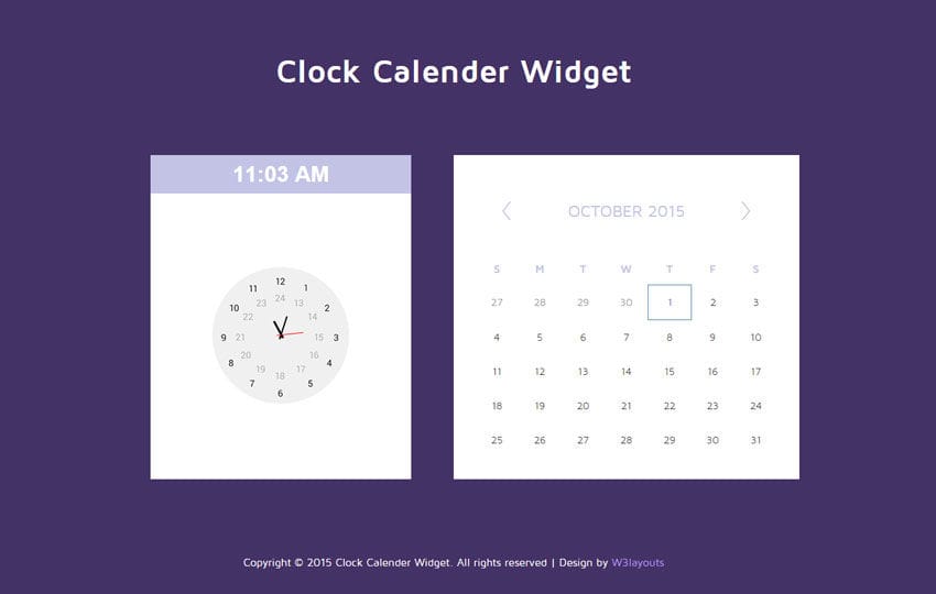 Clock Calendar Responsive Widget Template by w3layouts