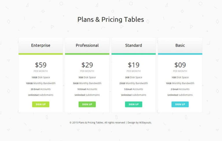 Clean Plans and Pricing Tables Responsive Widget Template » W3Layouts