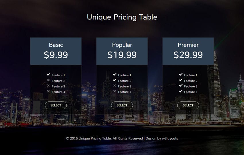 Unique Pricing Table Flat Responsive widget Template