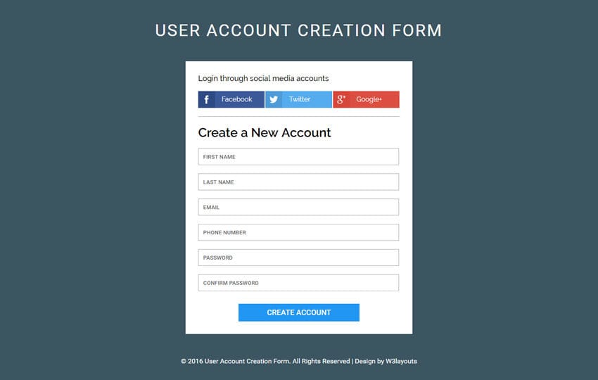 New Account Form Template from w3layouts.com