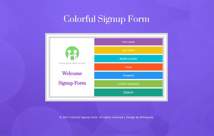 Colorful Signup Form Flat Responsive Widget Template