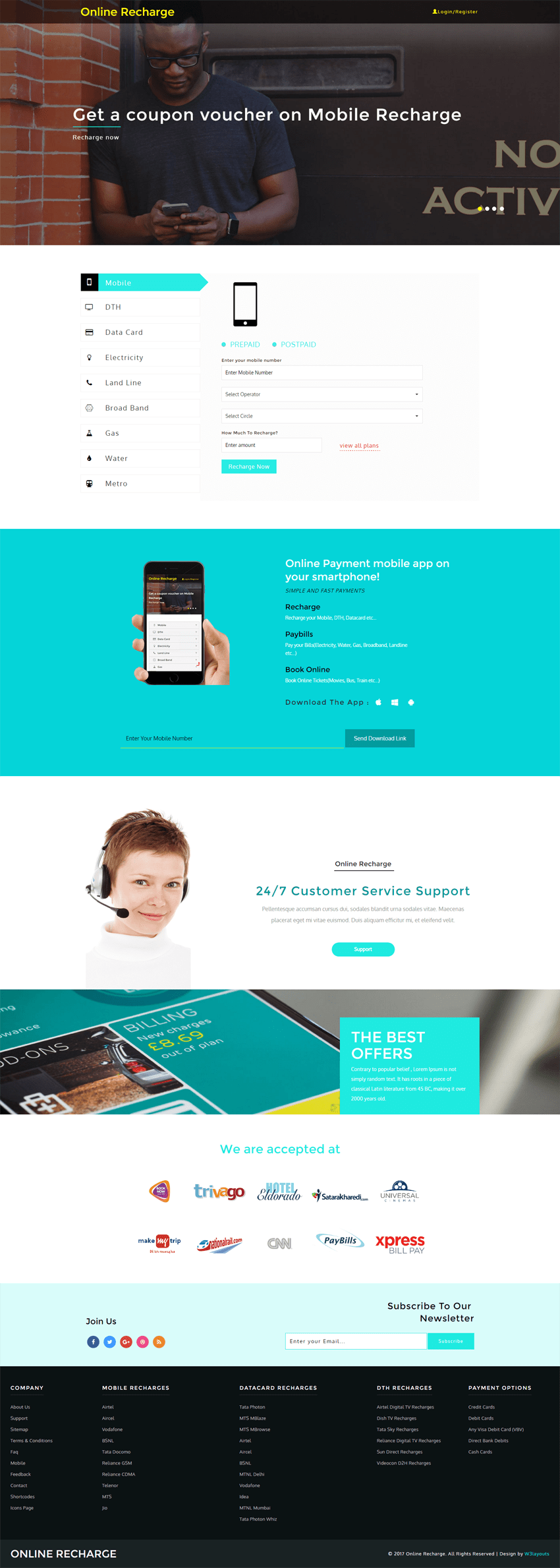Online Recharge is a Bootstrap respomsive website template for online bill payment sites. This free HTML web template works well for all bill payment sites.