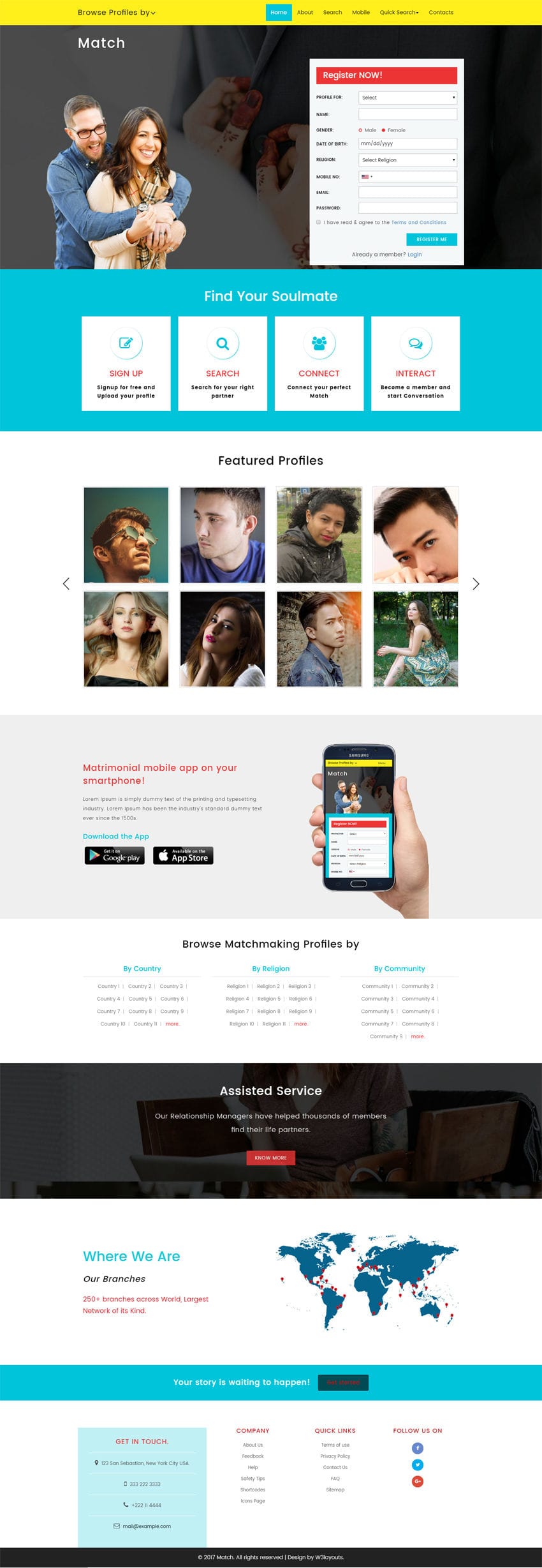 Match is a wedding category Bootstrap responsive website template. This free web template is built with HTML & CSS and best suits matrimonial websites.