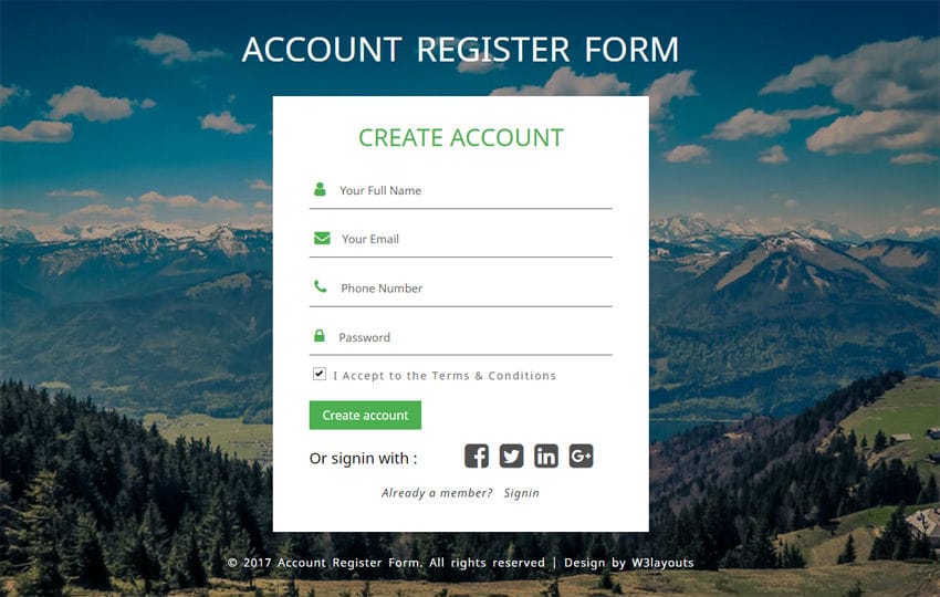 Account Register Form a Flat Responsive Widget Template