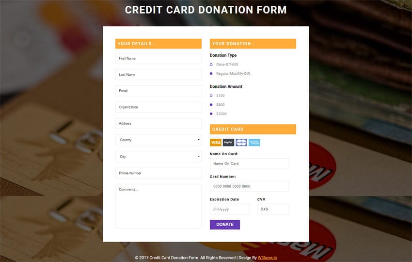 Credit Card Donation Form a Flat Responsive Widget Template