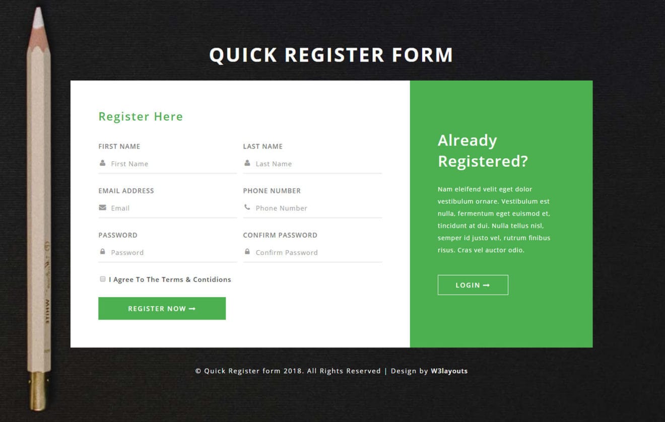 Quick Register Form Flat Responsive Widget Template.