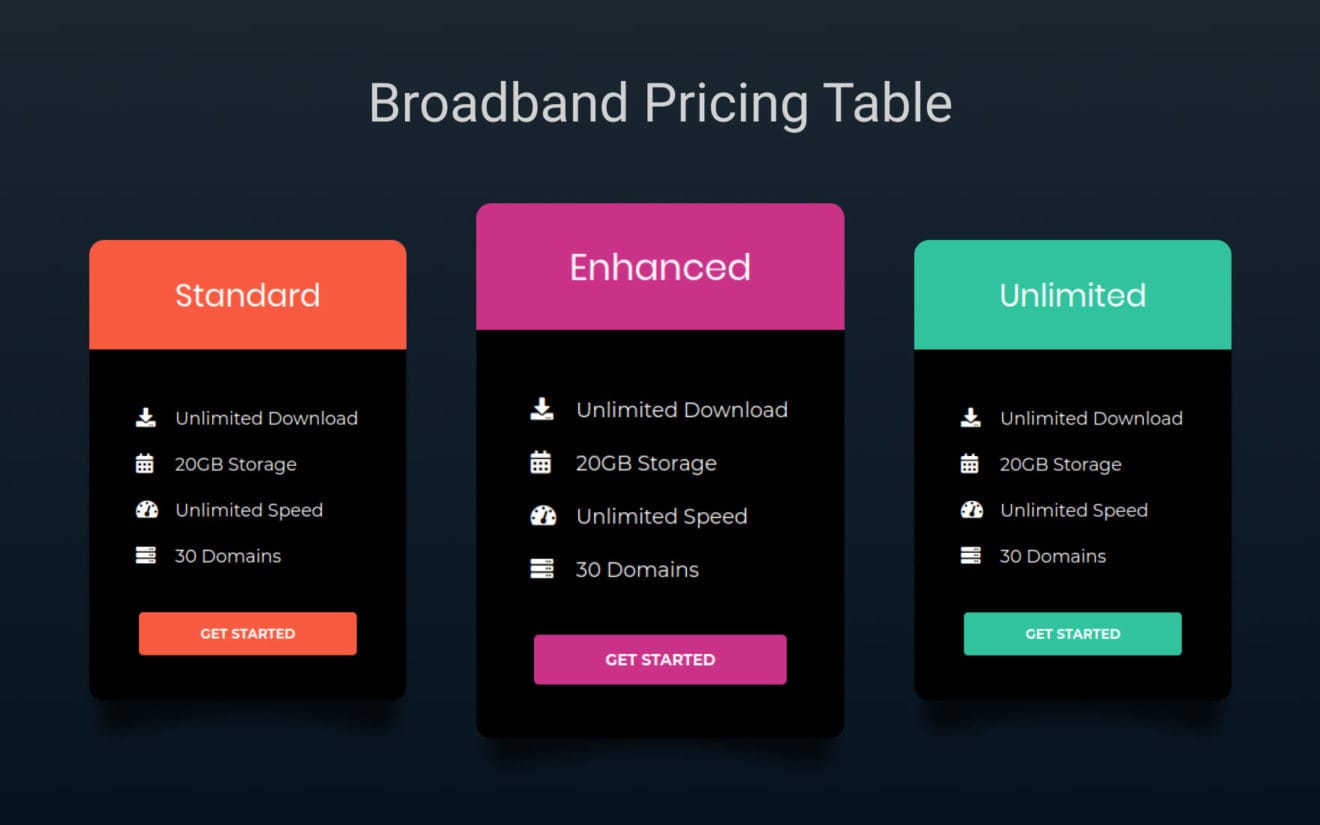 Broad Band Pricing Table Responsive Widget Template.