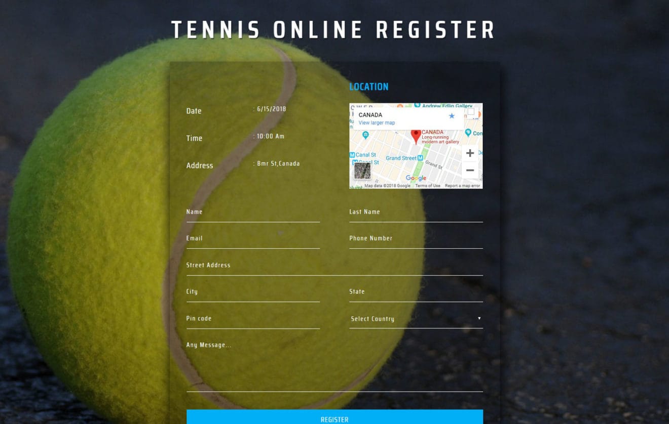 Tennis Online Register Form Flat Responsive Widget Template