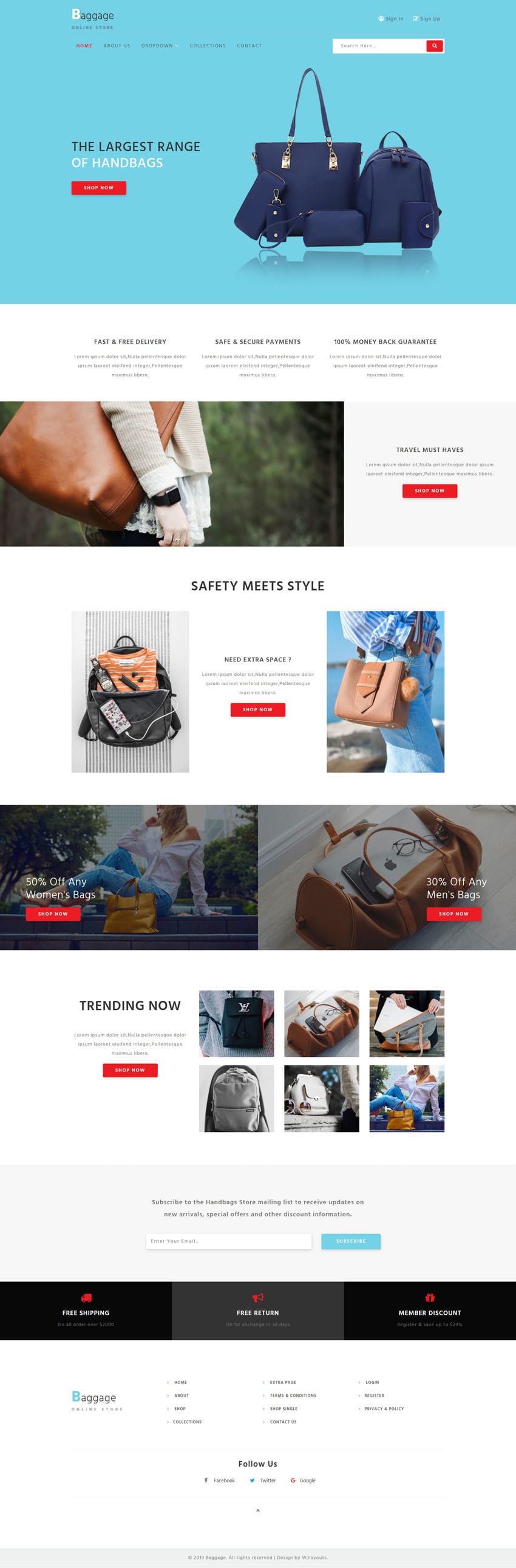 Baggage, an E-commerce category website template designed for online stores selling luxury bags.