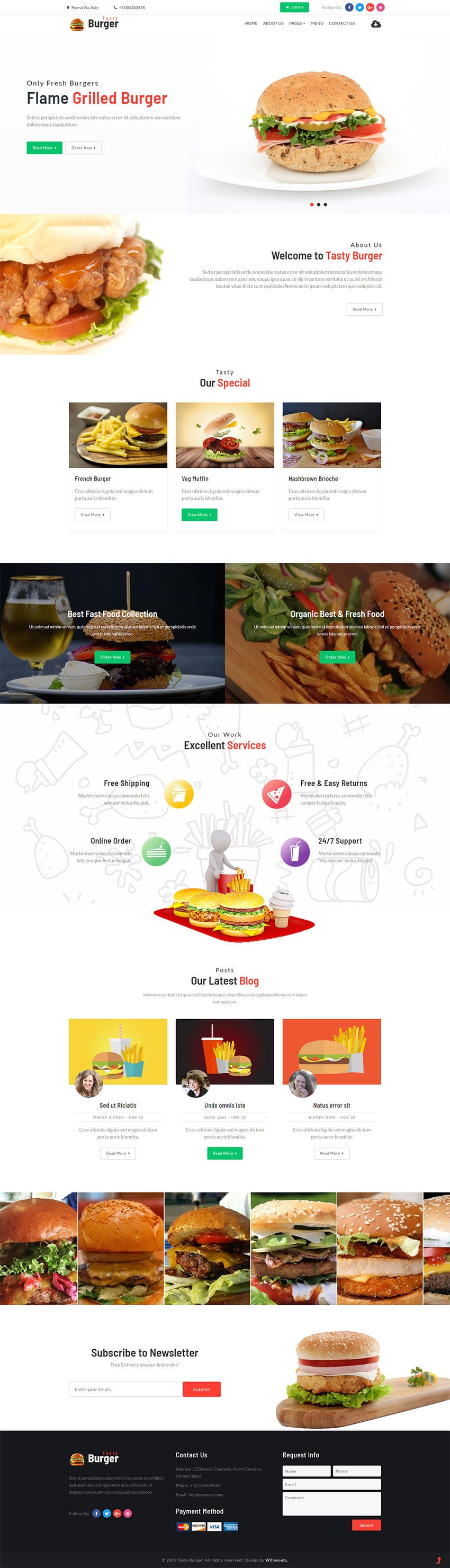 Tasty Burger is a website template built on Bootstrap using HTML suitable for all restaurant and food businesses.