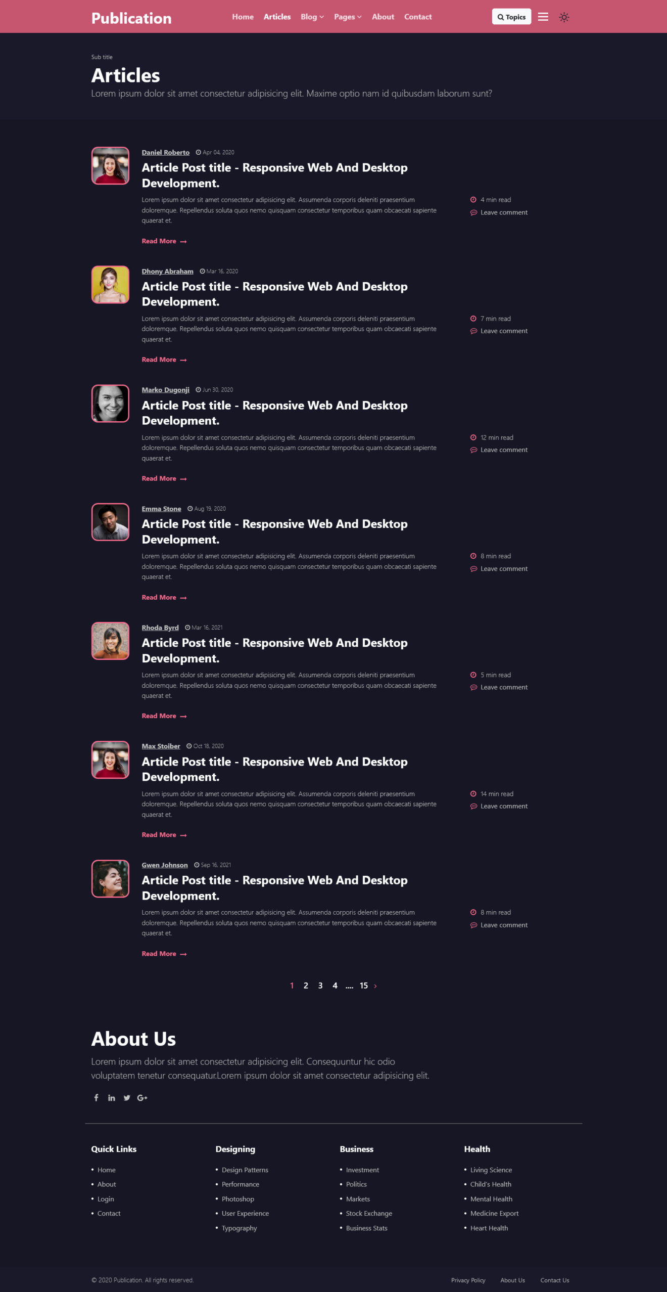 articles page in a blogging website templates