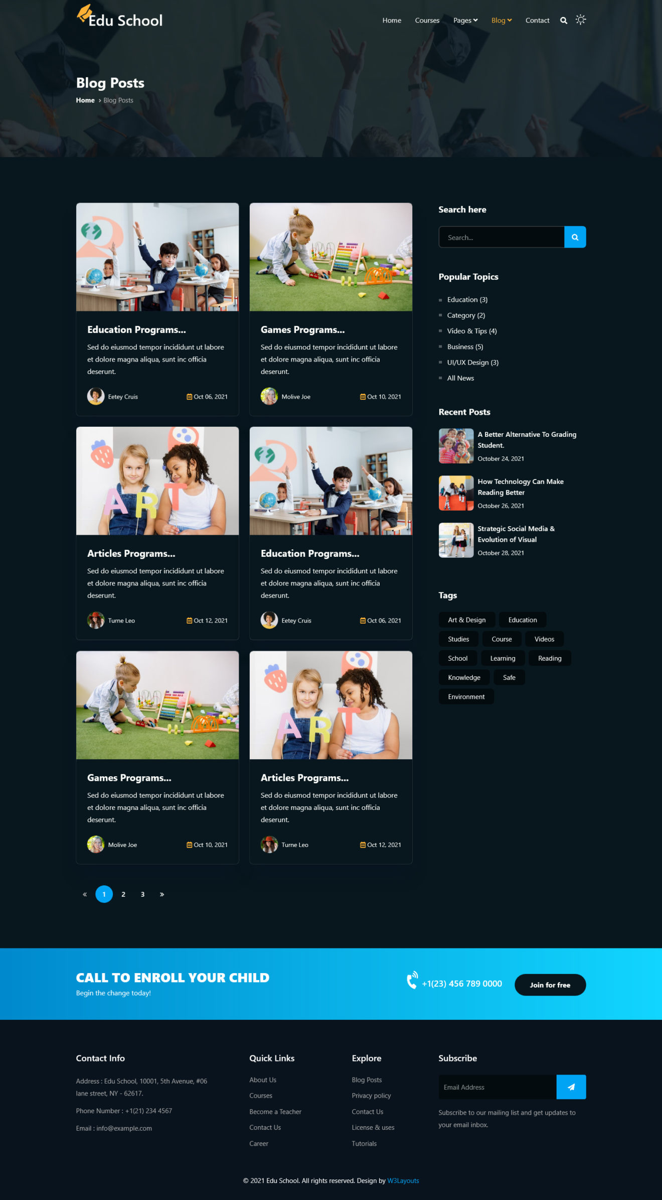 edu school website template blog page