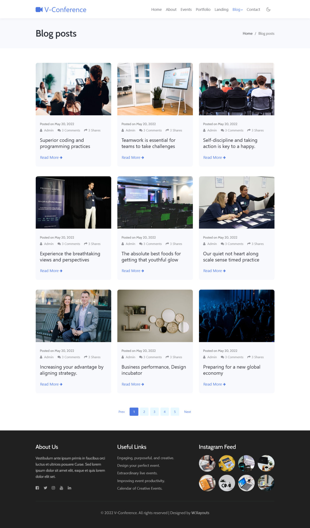 blogs page of v-conference a corporate website template