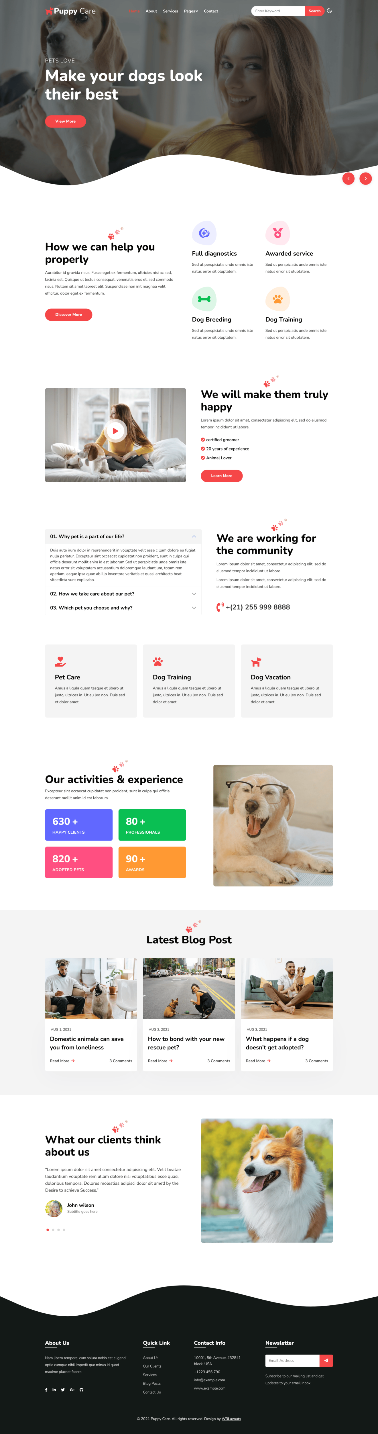 Home page of puppy care website template