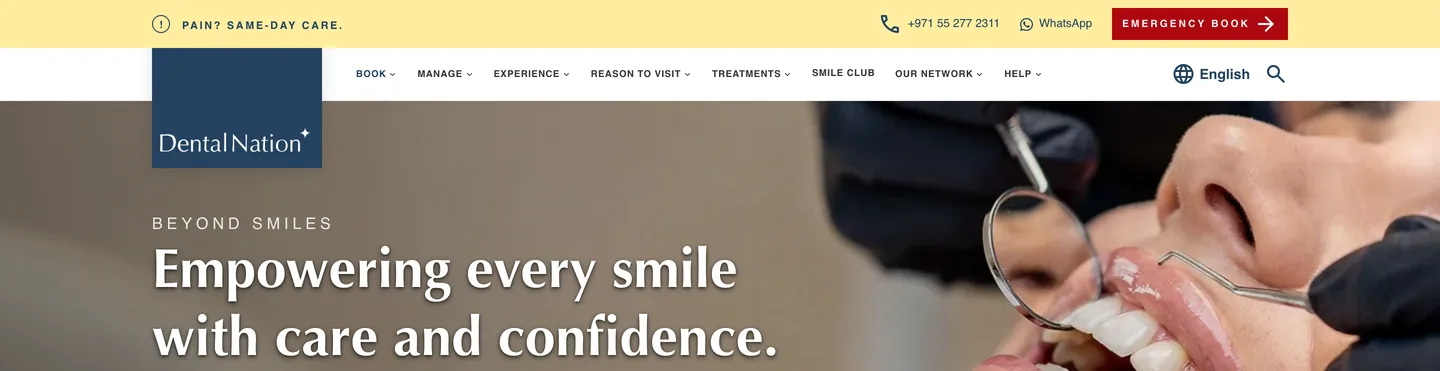 Dental Nation website header with a yellow same-day care emergency bar, call and WhatsApp actions and an Emergency Book button