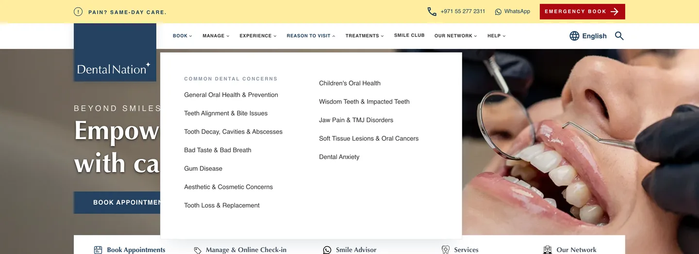 Dental Nation mega-navigation open on Reason to Visit, listing common dental concerns such as tooth decay, gum disease and dental anxiety