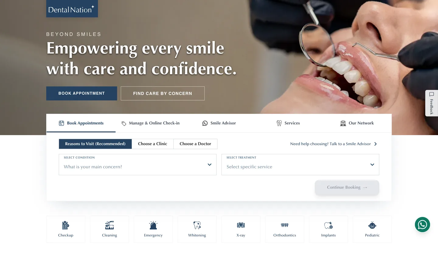 Dental Nation homepage hero reading Empowering every smile with care and confidence, with Book Appointment and Find care by concern buttons above the booking widget