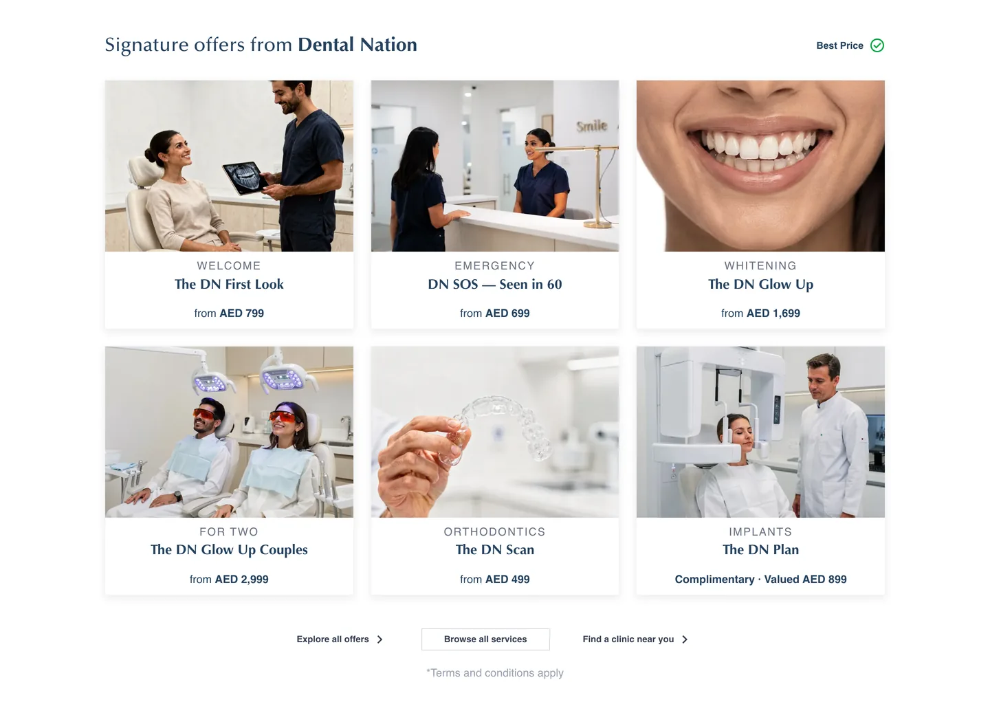 Signature offers grid on the Dental Nation website showing six packaged treatments with category tags and starting prices in AED