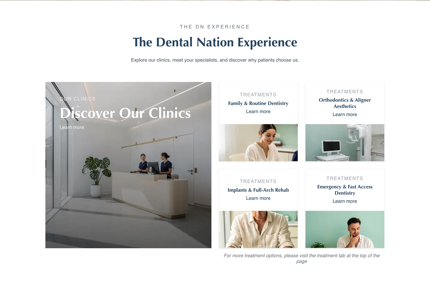 The Dental Nation Experience card grid linking to the clinics and four treatment journeys including Family and Routine Dentistry and Implants and Full-Arch Rehab