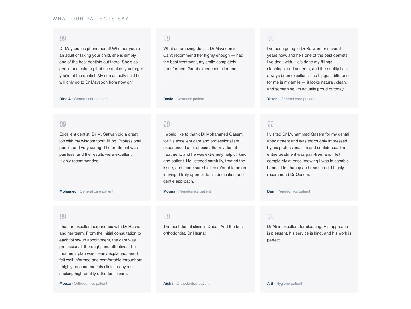 What our patients say section on the Dental Nation website with nine patient testimonials, each naming the dentist and tagged by treatment type